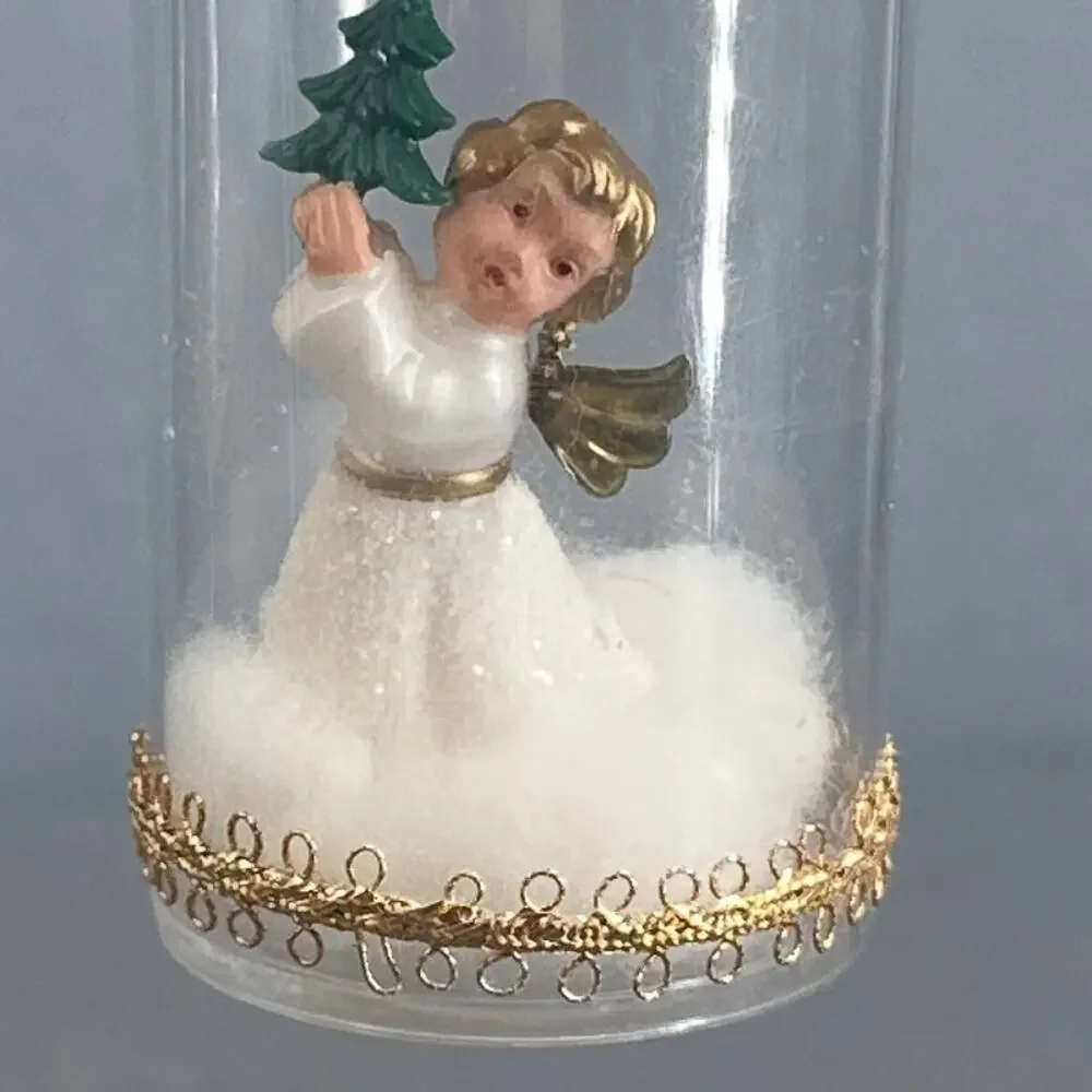VTG Handmade Baby Angel Pill Bottle Ornament Set 3 Plastic Diorama Gold Trim 50s